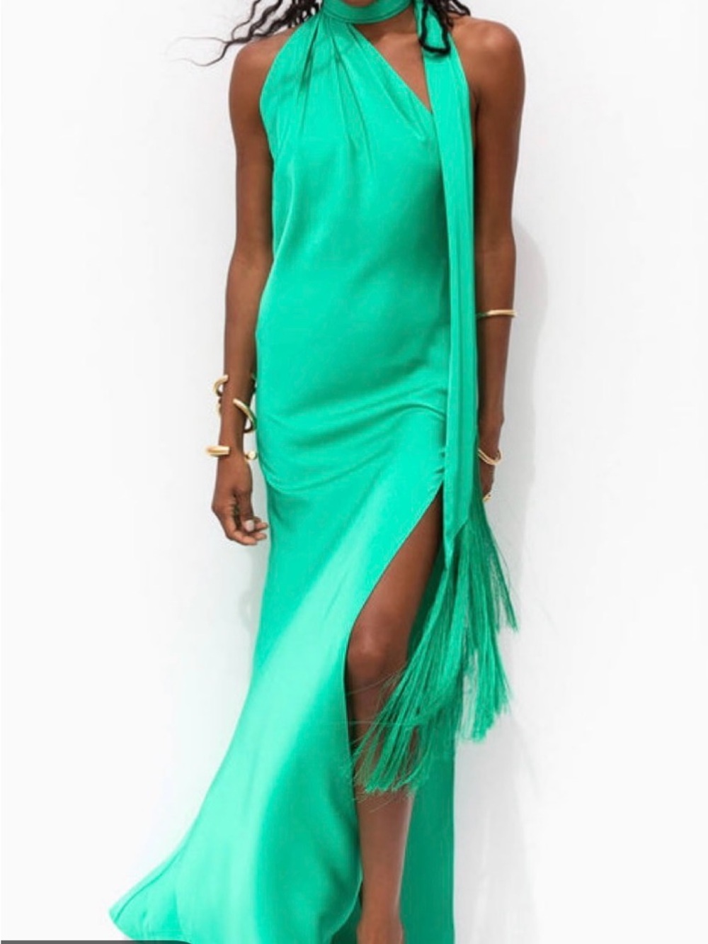 Rat & Boa Emerald Halter Maxi Dress with Fringe